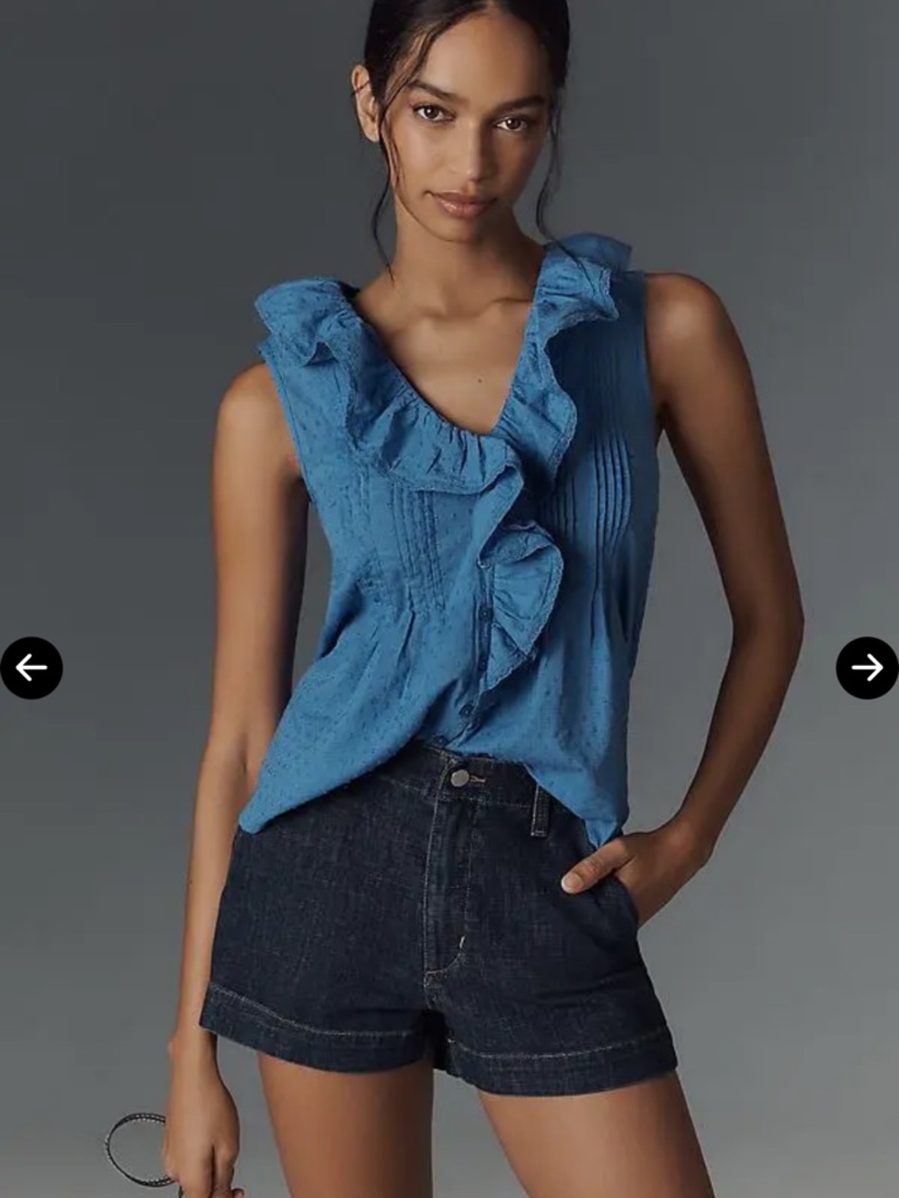 Anthropologie cotton ruffle sleeveless top.  Blue! Size XL